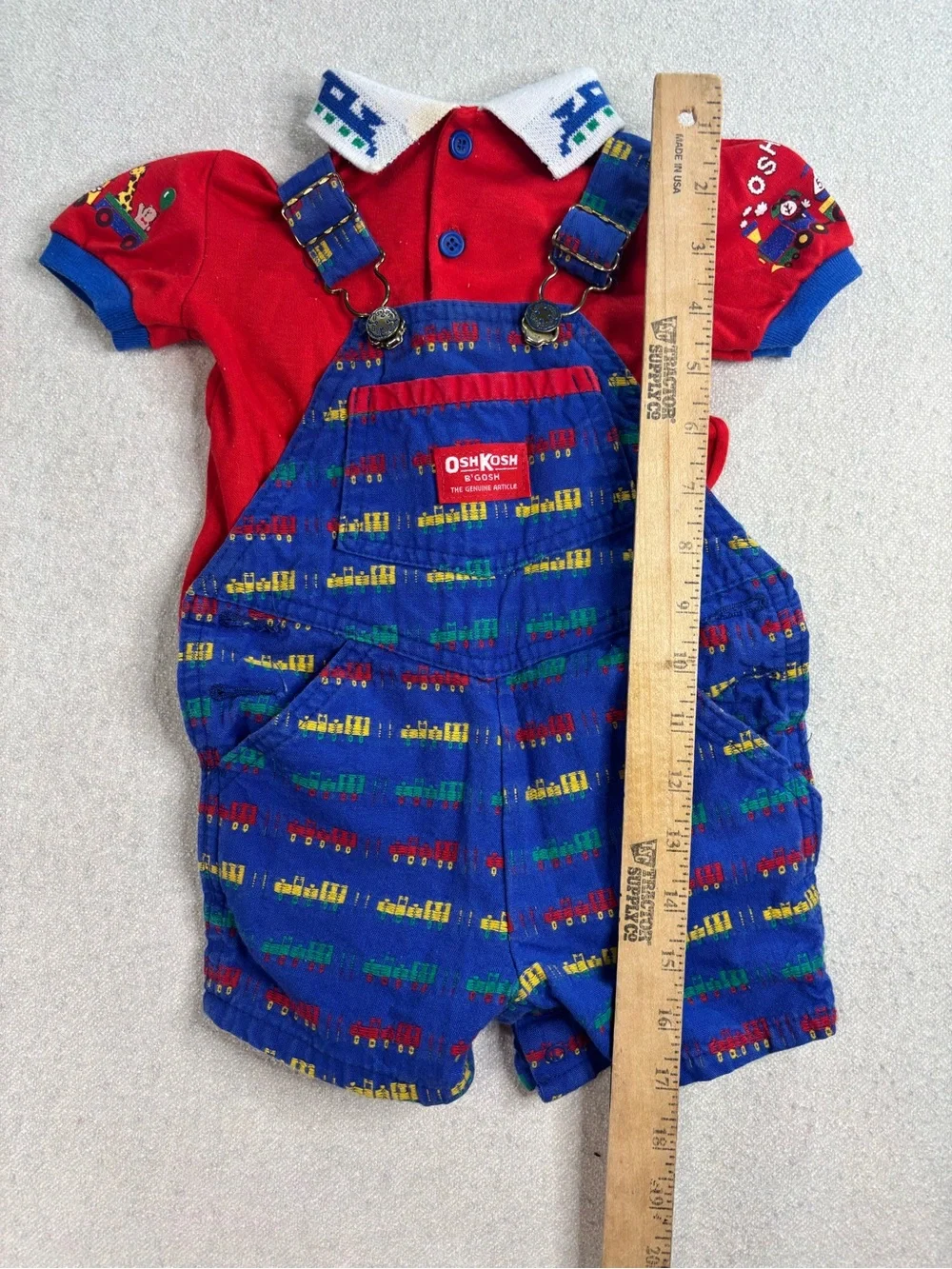Vintage OshKosh B’Gosh Baby Train Shortall Outfit Set USA Red Blue 6-9 Months